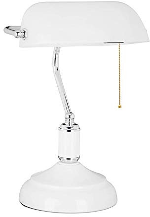 ACMHNC Retro Bankerlampe Weiß Vintage Tischlampe Glas Mit Zugschalter, Traditionelle Schreibtischlampe E27 Bankers Lampe, Schwenkbarer, Weiß Silber Nachttischlampe für Schlafzimmer