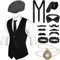 Blulu 1920er Herren Gatsby Kostüm Zubehör Set 1920er Männer Kostüm Gangster Kostüm Zubehör Weste Zeitungsjunge Hut Taschenuhr Fliege (L)