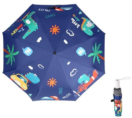 Afkengung Kids Automatic Folding Umbrella Digital Cartoon Dinosaur Printing UV Resistant Travel Umbrella Anti-rebound Design Safer Compact Windproof Umbrella for Kids Boys