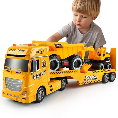 Dwi Dowellin Construction Carrier Truck Kids Toys,25.6 Semi-Trailer Toy with Excavator and Dump Truck,Gifts for Age 3 4 5 6+ Years Old Boys Girls