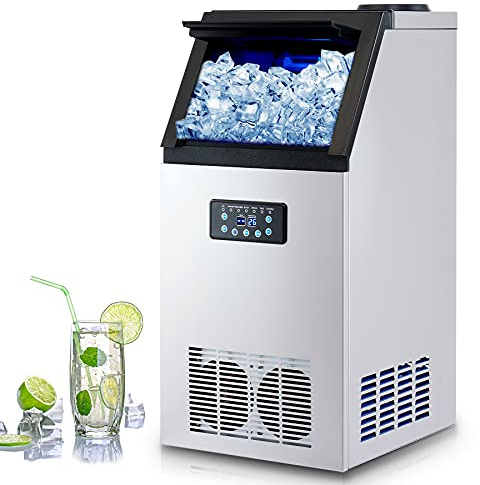 WILPREP Commercial Ice Machine, Industrial Ice Maker Machine, Freestanding Stainless Steel Ice Cube Machine with 10kg Ice Storage Capacity for Bar Home Supermarkets（72.5kg/24h 45 Ice Cubes）