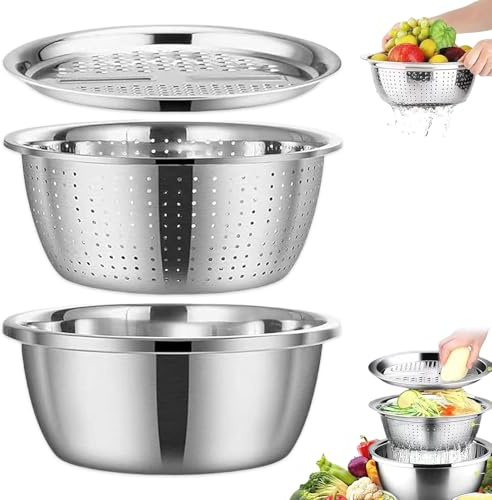 Gradientiscolor Germany - Base de acero inoxidable multifuncional 3 en 1 con cesta de drenaje, base de acero inoxidable, cuenco multiusos para hacer ensalada (28 cm)