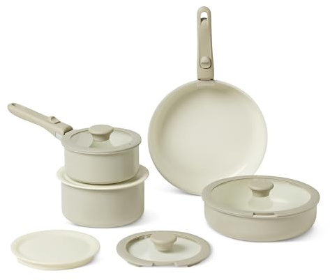 Amazon Basics Ceramic Nonstick Stackable Cookware with Detachable Handles, 11-Piece Set, All Cooktop Friendly, Linen Gray