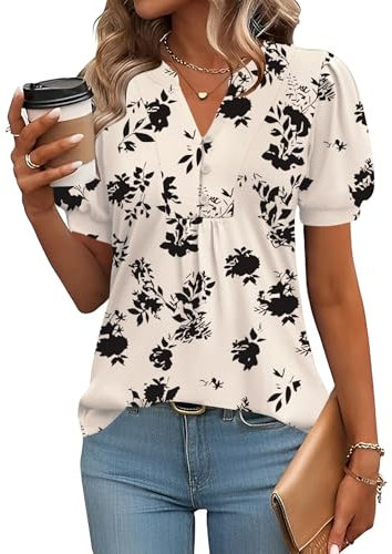 Rapbin Bluse Damen Kurzarm Tunika Elegantes Oberteil V-Ausschnitt Knopfleiste Shirt Business Casual Outfits Blumen-Schwarze M