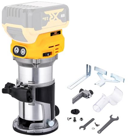 TOPWAY Brushless Cordless Handheld Wood Trimmer Router 18V – Compatible with DEWA.. DCB184 Battery, Variable Speed, Aluminium Base, 3 Collets (1/4, 6mm, 8mm), No Battery 102779