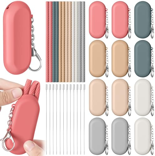 Honeydak 12 Sets Silicone Straws with Case, Collapsible Standard Bent Drinking Straws with Cleaning Brushes Keychain, Reusable Foldable Cold or Hot Travel for Home, Office, Cruise Ships
