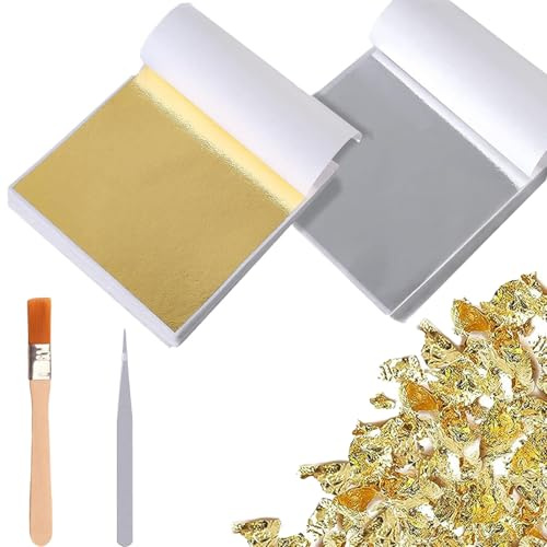 Foil Sheets Kit, 200 Gold Leaf Sheets and Silver Leaf Sheets for DIY Crafting, Cake Decorating, Nail Art, Includes 100mm Tweezer and 1 Size Nylon Brush