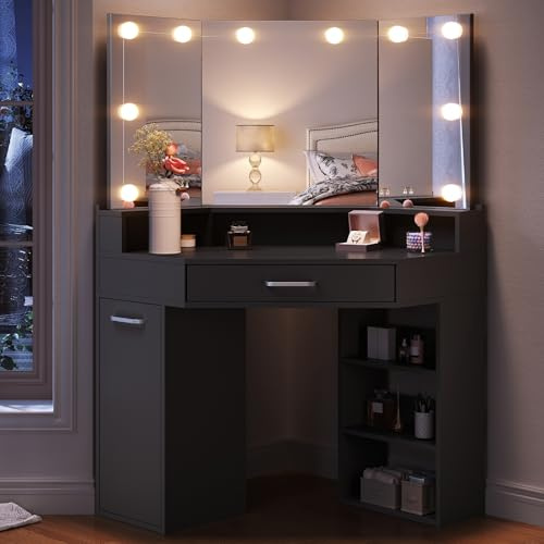 SONNI Hörnsminkbord med trippelspegel och LED-belysning i 3 färger, 110 x 54 x 141,5 cm, sminkbord med lådor, skjutskåp, hyllor, 3 öppna fack, sminkbord för
