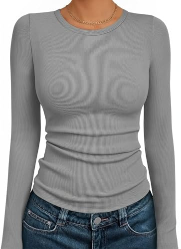 Suncife Women Long Sleeve Casual Ribbed T-Shirts Crewneck Slim Fit Tops | Breathable and Soft Ribbed Fabric, Comfy to Your Skin, Dressy Plain Design