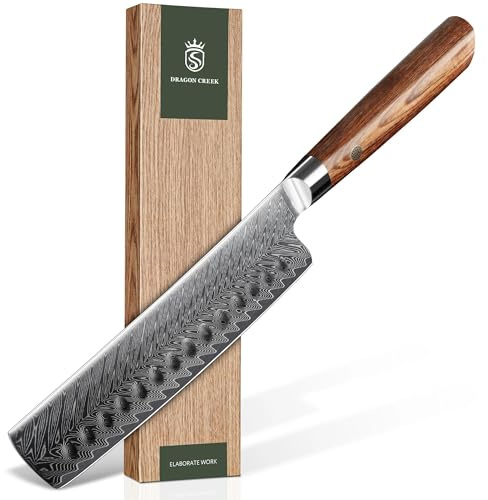 Dragon Creek Coltello Nakiri 18,5 cm in Acciaio Damasco, Coltello per Verdure Affilato, Manico Ergonomico in Legno, Ideale per Verdure ed Erbe Aromatiche