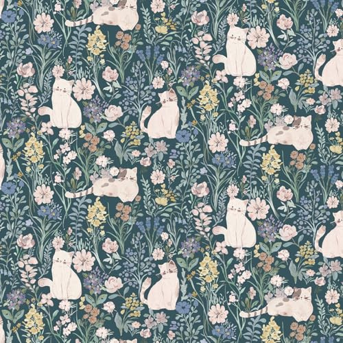 Yomshi Papier peint autocollant vintage chat et fleurs - 44 x 300 cm - Film adhésif bleu - Film vinyle pour table, mur, salon, texturé, imperméable, facile à couper