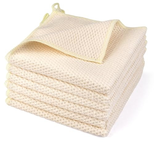 6 Pièces Fibre Ultra-Fine Torchons de Cuisine 30 x 30 cm, Super Absorbant Torchon Cuisine Vaisselle, Beige Torchon Vaisselle, Serviette Nid D'abeille, Vaisselle Domestique et Table à Manger Chiffon