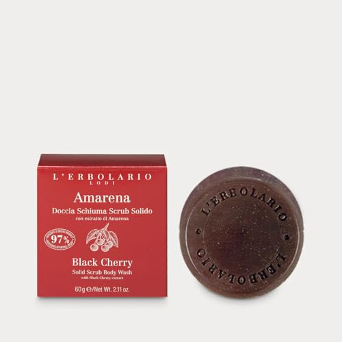 L'Erbolario Amarena Doccia Schiuma Scrub Solido 60 g – Sapone Solido e scrub esfoliante per il corpo con microgranuli di nocciolo di Amarena