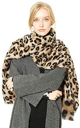 Superora Damen Schal Leoparden Winter Schultertuch Deckenschal übergroßer Kuscheliger Oversized Poncho lang mit Fransen