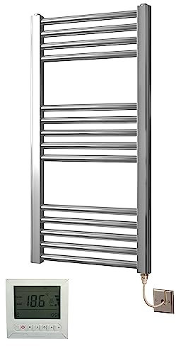 Greened House Electric Chrome 400W x 1200H Straight Towel Rail + Timer and Room Thermostat New Radiator Bathroom Towel Rails
