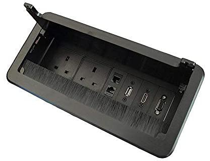 Zeshan Table Power Socket Connectivity Box with UK Plug, USB Data, HDMI, VGA, Telephone and Internet Black