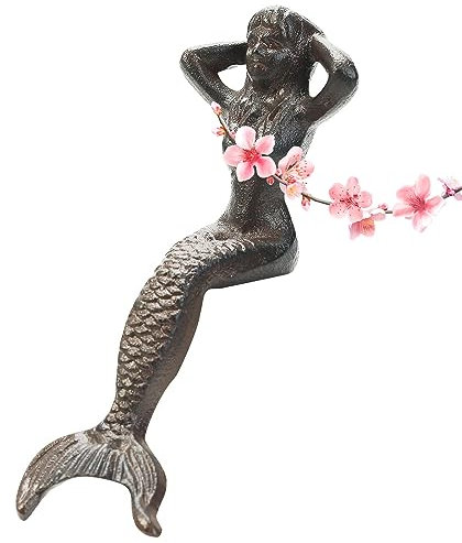 Sungmor Heavy Duty Cast Iron Mermaid Statue - 26CM Tall Sitting Mermaid Figure Ornament - Great Home & Garden Sculpture for Decorate Swimming Pool/Pond/Planter Stands/Book Shelf/Corner Table
