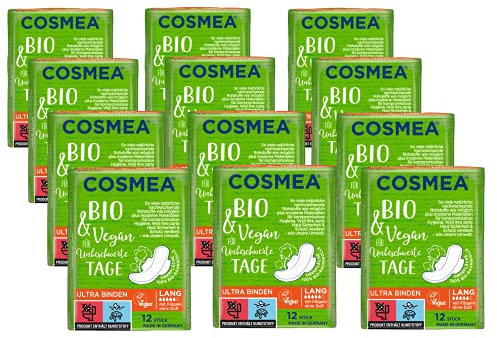 Cosmea Bio Ultra-Binden, Super mit Flügel ohne Duft, Vorteilspack (12 x 12 Stück). Hygiene-Einlagen aus Bio-Baumwolle. Damen-Hygiene im Einklang mit der Natur