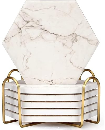 6 Pack Cute Marble Absorbent Stone Coaster Set with Holder Cool Cork Coster Modern White Ceramic Coasters Bar Desk Cup Drink Coasters Funny Coffee Table Decor Kitchen Unique Coster posavasos