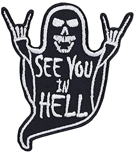 Rocker tygmärke See you in light stryka på dödskalleskalle tung metallpatch för att sy/stryka på | jeanslappar biker strykbild applikation för alla tyger | 80 x 90 mm