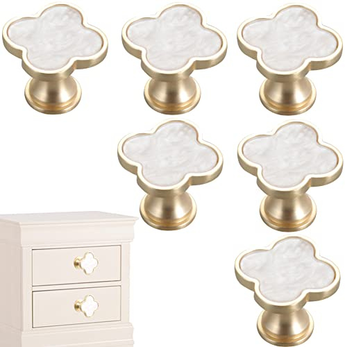 CPELLESSE Lot de 6 boutons de porte en forme de trèfle à quatre feuilles - Doré - Pour commode, armoire, porte à trou unique (blanc)