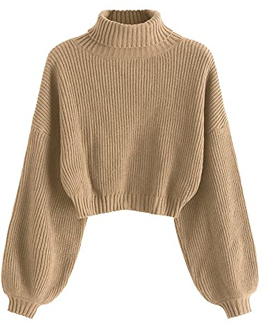 ZAFUL - Maglione elegante da donna, a maniche lunghe, con scollo a barca, a collo alto, a maniche lunghe, a spalle scoperte, corto, con struttura a costine, per autunno e inverno, M