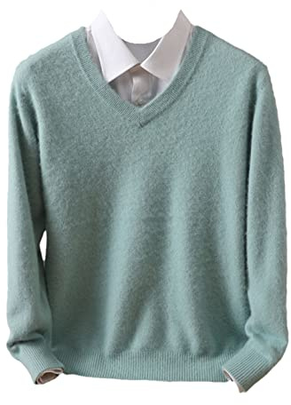 Vogrtcc Suéter de cachemira para hombre, cuello en V, suéter de punto, talla grande, suéter de invierno de manga larga, verde menta, XXL