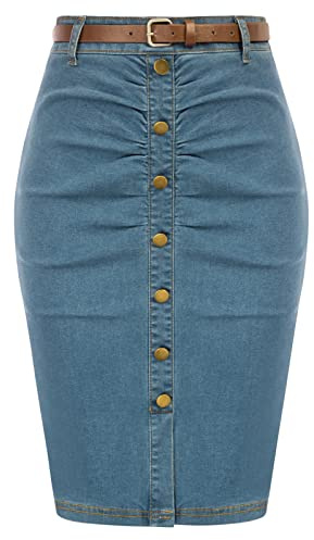 Denim Pencil Skirt for Women Ruched Bodycon Jeans Skirt with Belt High Waisted Pencil Skirts Blue XXL