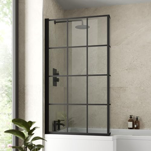 LUXURA® Black Square Grid Over Bath Shower Screen Door 6mm Clear Toughened Safety Glass Panel Bathroom Hinged Bath Screens 1430 x 785mm with Return