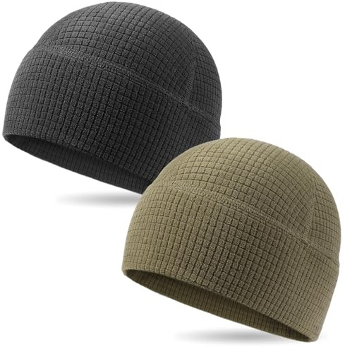 2 Pack Grid Fleece Beanie Watch Cap Waffle Tactical Beanie Multi-Season Army Military Fleece Hat, All Weather Gear, Black/Army Olive, M/One Size