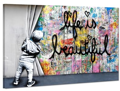 Life Is Beautiful Graffiti Wall Art Colorful Pop Art Behind the Curtain Canvas Prints Street Graffiti Framed Artwork for Living Room Bedroom Decor Ready to Hang - 24x36inch
