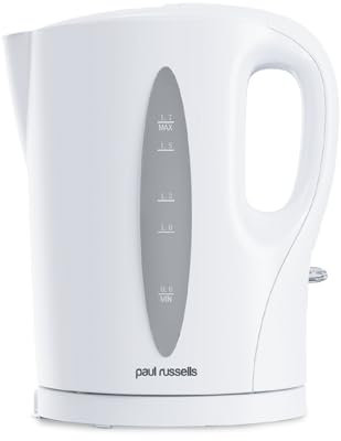 paul russells White Plastic Kettle - 1.7L Capacity, Perfect for 7 Cups, Family Size, Clear Water Window, LED Indicator, 2200w Quite boil, Sleek and Simple, Boil Dry Protection, Cord-free Serving.