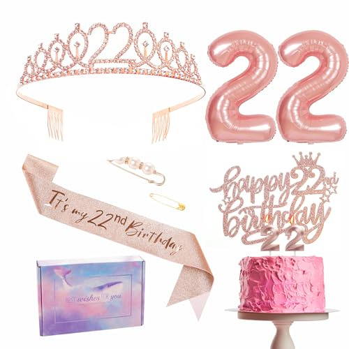 Set di decorazioni per il 22° compleanno, fascia e tiara in oro rosa, corona per festa per il 22° compleanno, topper per torta e candele, palloncini in lamina numero 22, forniture per feste, regali