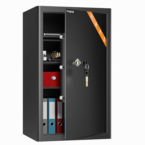WASJOYE Safe Lock Box with Keys, High Security Safety Box, 67L Steel Lock Safes for Home/Office, Cabinet Keys Safe Lock Box for Money Cash Jewelry Medicine Document, 62.5 * 37 * 31CM