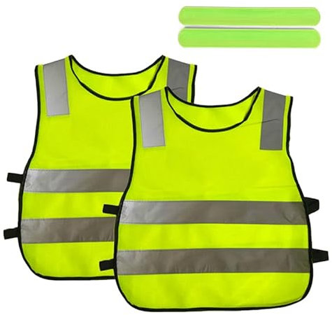 2 Stück Warnweste Kinder mit 2 Reflexarmband, Sicherheitsweste Kinder, Leichte Reflektorweste für Kinder, Stark reflektierend Kinderwarnweste, atmungsaktive Warnweste für Sport, Laufen, Fahrrad