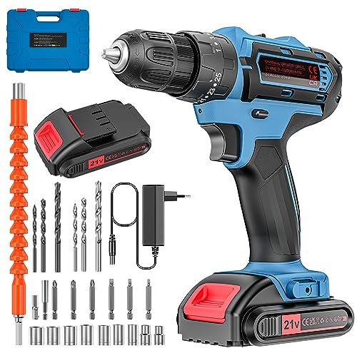 Trapano Avvitatore Batteria 21V, Avvitatore a Batteria, Trapano Avvitatore a Percussione, Avvitatore Elettrico con 2 Batteries 2.0Ah, 25+3 Coppie, 2 Velocità, LED Luce per Casa Progetto
