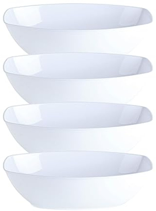 PLASTICPRO Disposable Oval Serving Bowls, Party Snack or Salad Bowl, 72-Ounce, Plastic (4, WHITE BOWLS)