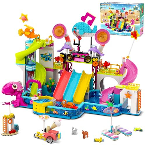 HOGOKIDS Friends Le Parc Aquatique Amusant - Jouet de Construction 911PCS avec 5 Toboggans, Piscine Créative avec Plateforme de Plongeon & Vélo Glace, Cadeau Original pour Filles et Garçons 8-12 Ans