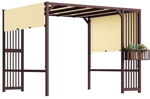 Outsunny Pergola Pavillon 3x2,5m UV 30+Stabil winterfest Sonnenschutz mit verstellbar Schiebedach Sichtschutz Pflanzgefäße freistehend Gartenpavillon Terrassenüberdachung für Garten Balkon Dunkelbraun