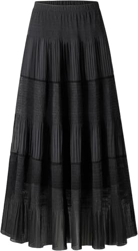 comefohome Jupe longue plissée en mousseline de soie avec taille élastique et volants pour femme, Noir , 3XL