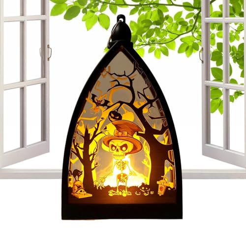 Farol decorativo de Halloween – Farol para porche con esqueleto, calabaza y castillo, centro de mesa ornamentales para decoración de interior, exterior, patio, jardín, camping y porche