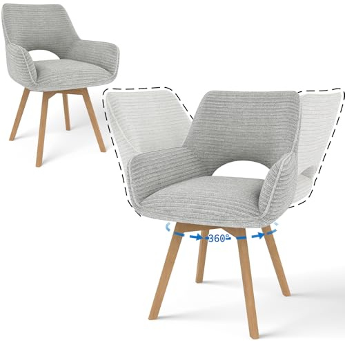 JIJIAN 2er Set Esszimmerstuhl Drehbar mit Armlehne und Holzbeinen, 360° Drehbar, Moderner Polsterstuhl mit Stoffrückenlehne für Küche, Wohnzimmer, Schlafzimmer, Grau