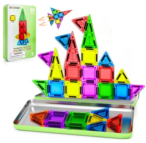 MYDOVA Carreaux magnétiques 50 PCS, Kit de Blocs de Construction magnétiques 3D, Carreaux magnétiques de Voyage STEM pour Enfants avec boîtier en Fer, Jouets de Construction éducatifs préscolaires