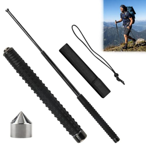 Teleskopisk vandringspinne, justerbar upp till 64 cm, vikbar vandringsstav i legerat stål, halkfritt handtag med rem och överdrag, för bergsklättring, camping, utflykter och resor, svart
