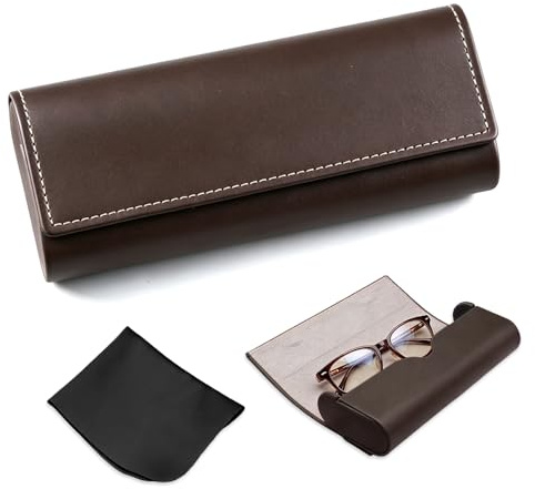 HMCEY Étui à Lunettes Rigide 16.2 X 6.5 X3.3 CM,Boite a Lunette Cuir PU avec Chiffon de Nettoyage, Sunglasses Case,Pochette Lunette de Soleil Femme Homme pour Voyages, Travail, Shopping - Marron