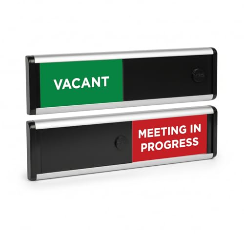 Vacant/Meeting in Progress Sliding Door Sign from ViroDisplay® - Green/Red Edition - 214 x 60mm - Anodised Aluminium Profile - Durable Printed Surface - Black Sliding Panel - Self-Adhesive Fixing