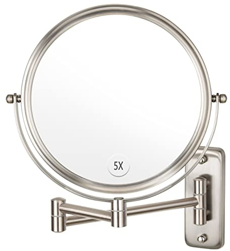 ALHAKIN Wandmontierter Make-up-Spiegel, 1X/5X Vergrößerungsspiegel, doppelseitig, 20,3 cm ausziehbarer Badezimmerspiegel zum Rasieren, Nickel