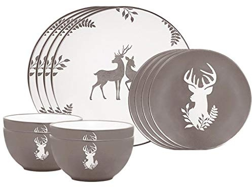 Christmas Dinner Set 12 Piece Grey Reindeer Crockery Set | Dishwasher Safe, Microwave Safe, Hand Finished, Reindeer Print, Christmas Tableware, Dinner Plates, Side Plates, Bowls