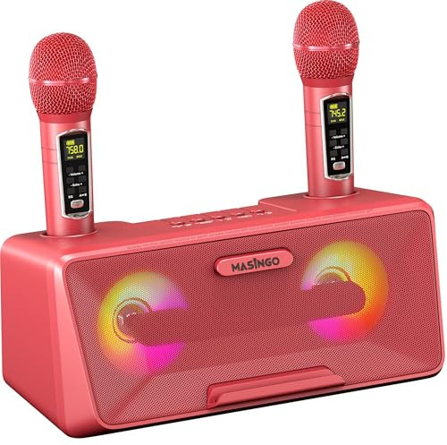 MASINGO Máquina de karaoke para adultos y niños con 2 micrófonos inalámbricos, altavoz portátil Bluetooth, luces LED coloridas, sistema PA, soporte para teléfono con pantalla de letras y cable de TV.