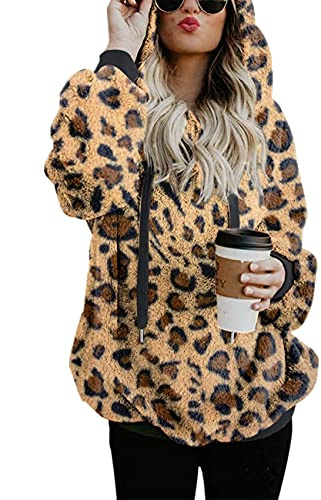 Romanstii Womens Winter Sherpa Jacket Quarter Zip Fuzzy Fleece Sweatshirt Oversized Hoodie Winter Outwear With Pocket Leopard Khaki XL